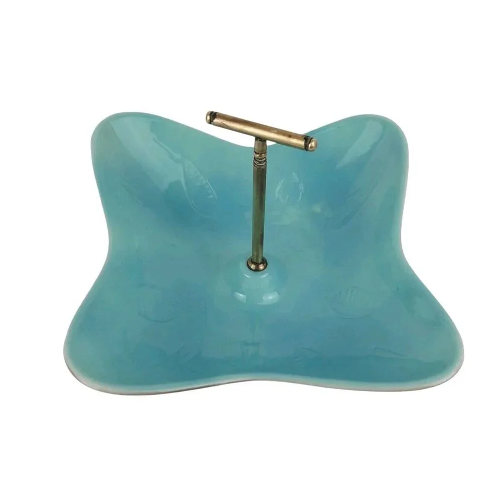 California USA Pottery Turquoise Candy Nut Dish Brass Handle 1950's Vtg Atomic
